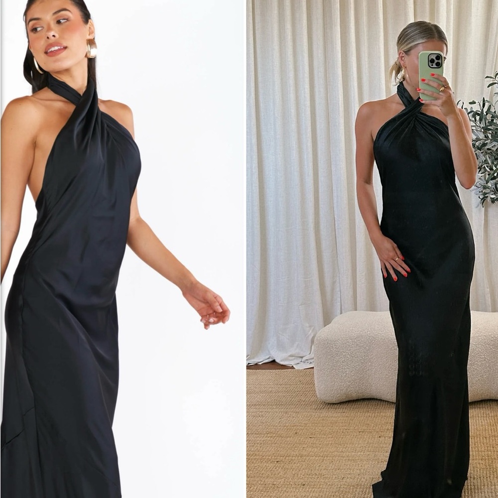 SHOW ME YOUR MUMU Jasmine Halter Maxi Dress In Black Luxe Satin